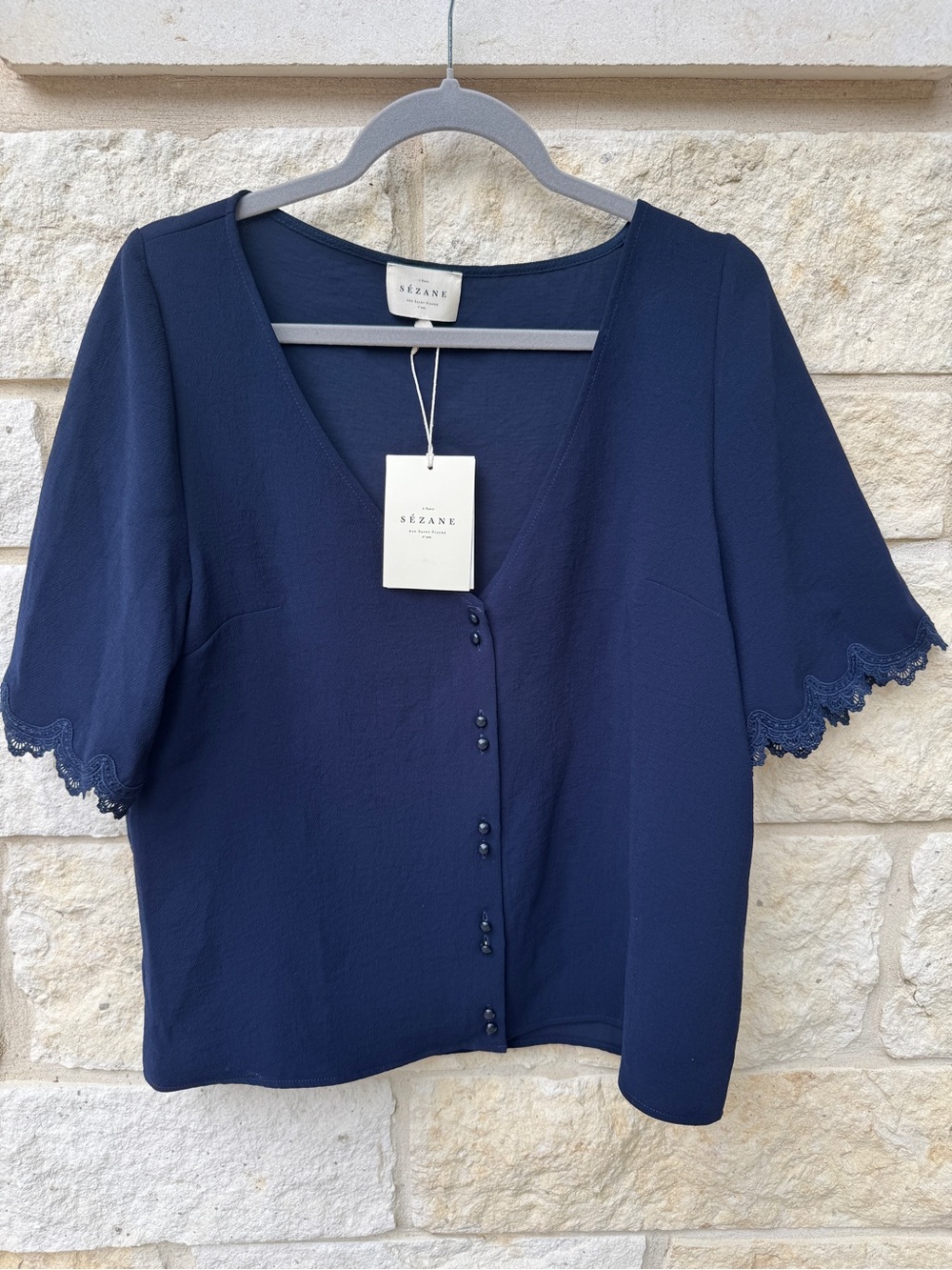 Sezane Navy Button-Front V-Neck Blouse